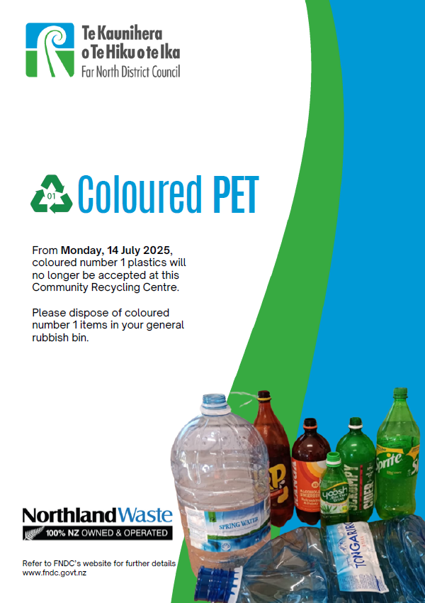 Northland Waste Colour PET sign at community  recycling centres.