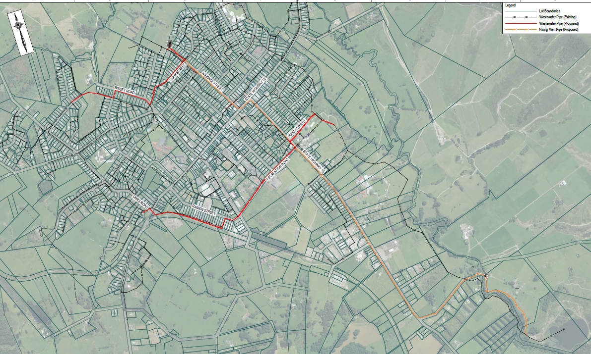 Map showing the outline of streets involved in the upgrade of wastewater infrastructure in Kaikohe