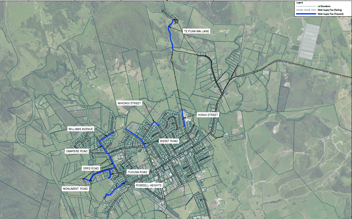 Map outlining the location of water infrastructure upgrades in Kaikohe