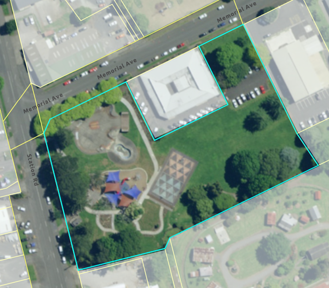 Boundaries of Memorial Park on the corner of Station Road and Memorial Avenue in Kaikohe.